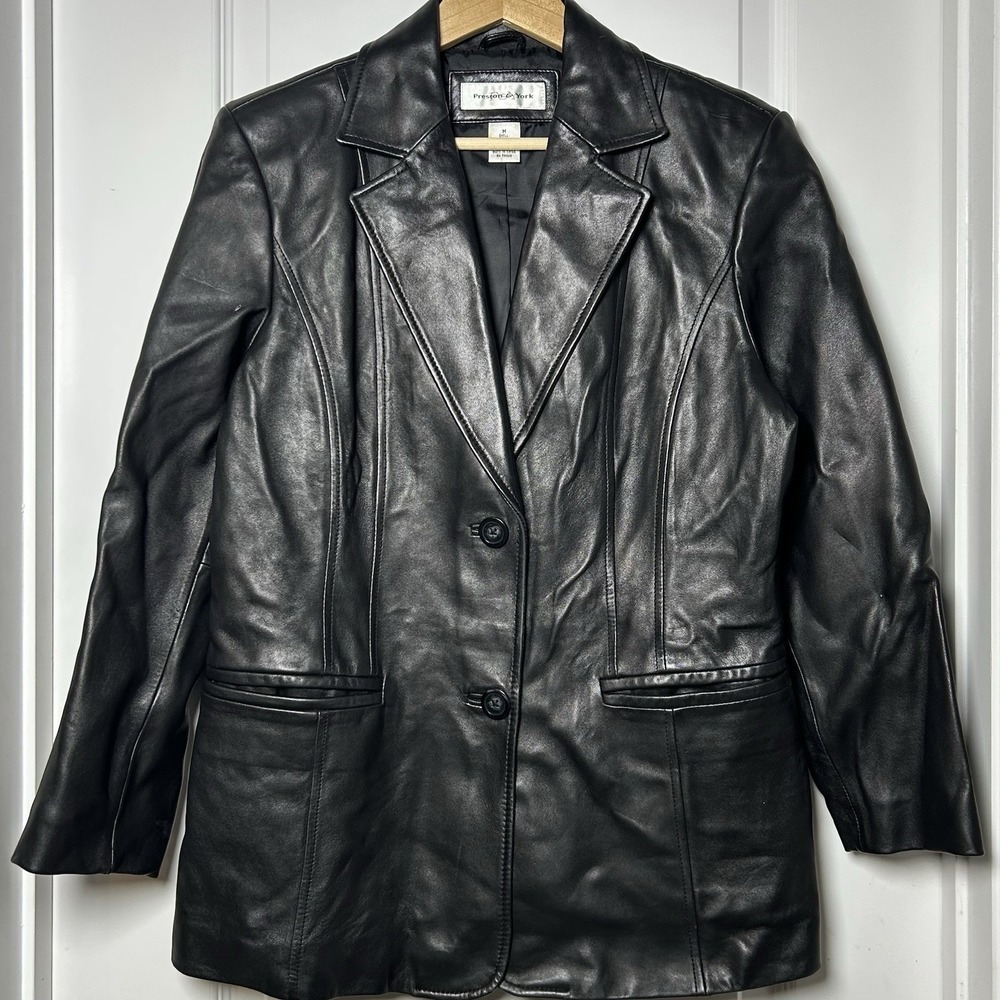 Preston & York‎ Vintage Genuine Lambskin Leather Black Longline Blazer Jacket